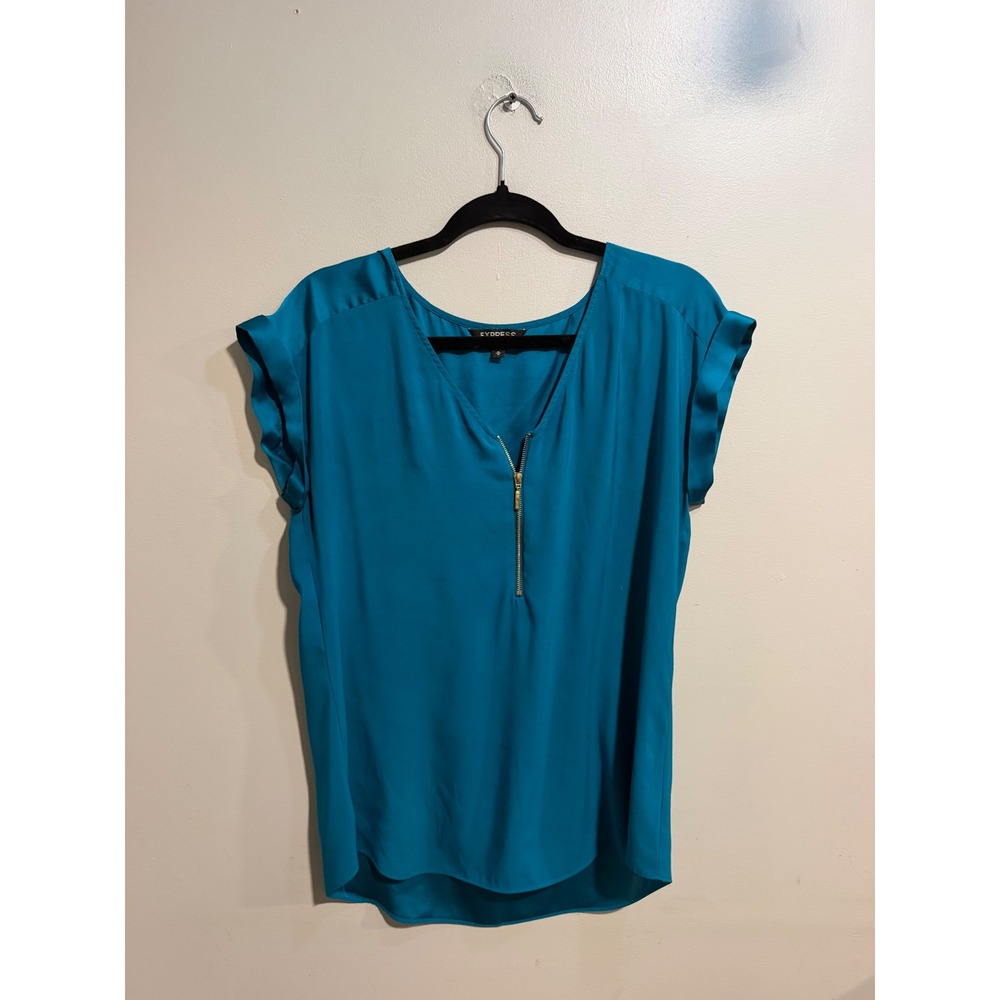 Express Womens Teal Blue V-Neck Half Zip Short Sleeve Cuffed Blouse Medium